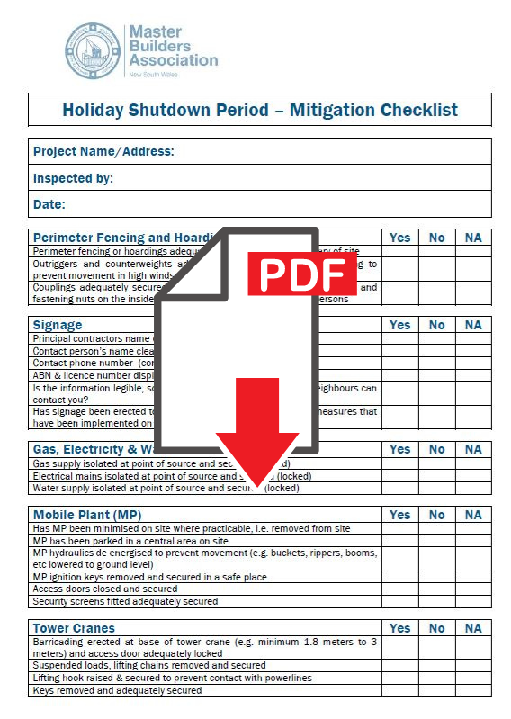 Mitigation checklist for holiday shutdown period Master Builders